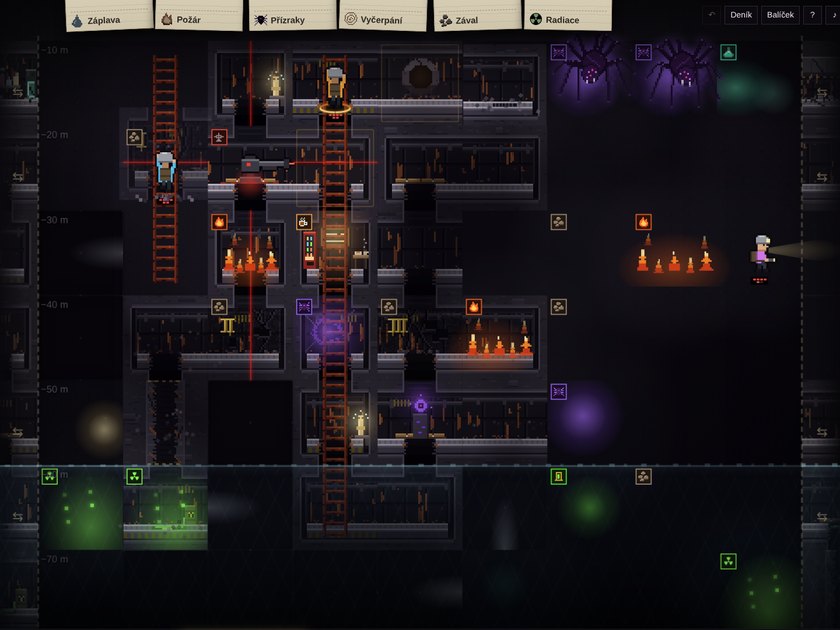 Screenshot ze hry Hlubina: řez opuštěnou podzemní laboratoří s žebříkem, střílnou, ohněm, přízraky a stoupající vodou