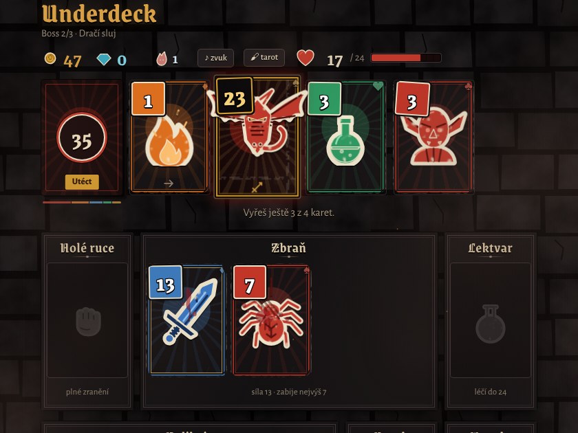 Screenshot ze hry Underdeck: souboj s drakem v Dračí sluji, ohně, meč a relikvie